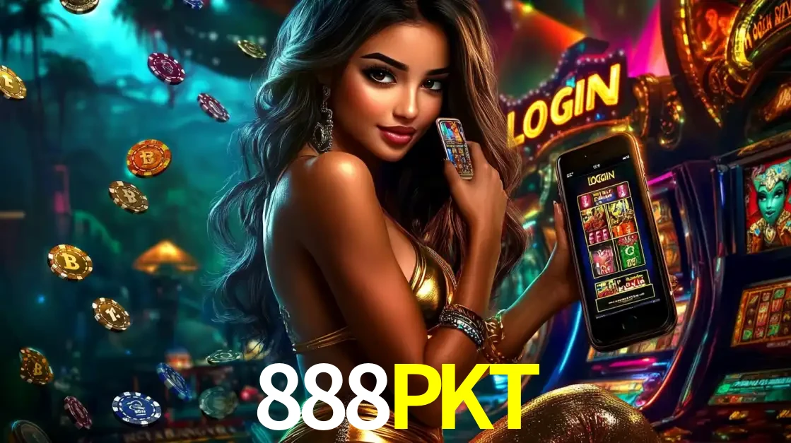 Mulher em um cenário de cassino temático de aventura, mostrando o app de caça-níqueis da 888PKT no celular. Fichas de apostas flutuam ao redor.