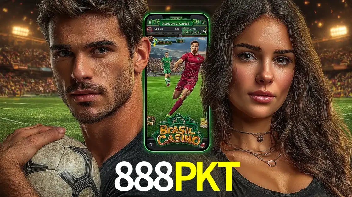 Homem segurando uma bola de futebol e uma mulher ao lado de um smartphone exibindo o jogo de apostas esportivas da 888PKT. Faça seu palpite no cassino online.
